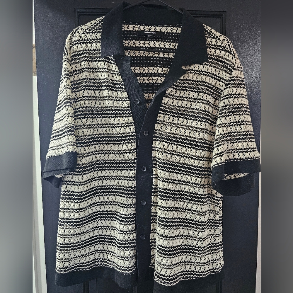 Black and Cream Crochet Striped Button-Up